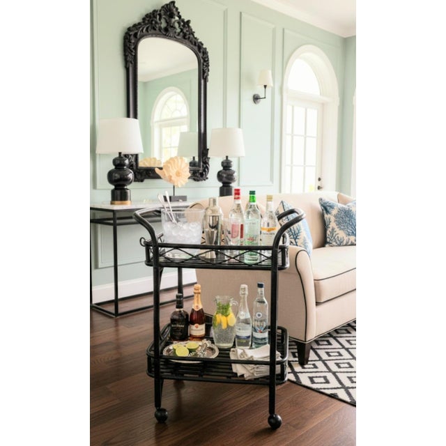 Wood Vintage Painted Black Gloss Rattan Coastal Regency Rolling Bar Cart With Silverware Tray For Sale - Image 7 of 8