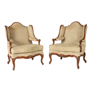 1900 French Louis XV Style Carved Bergeres a Oreilles - a Pair