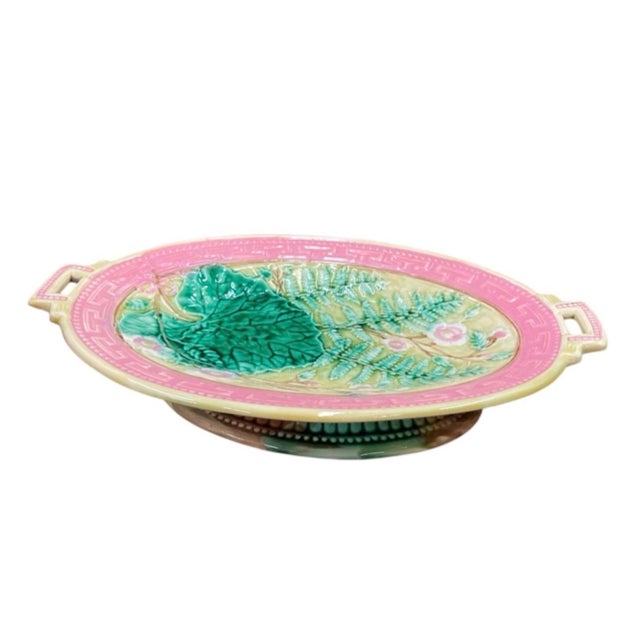 Antique Victorian Majolica Oval Pedestal Dish With Botanical & Greek Key Motif For Sale - Image 4 of 12