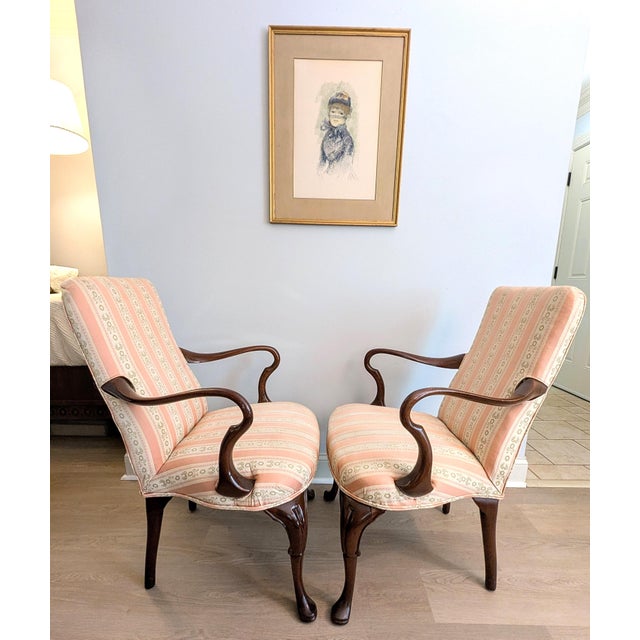 Ivory Mid 20th Century Biggs / Kittinger Queen Anne Fireside Arm Chair Pair For Sale - Image 8 of 18