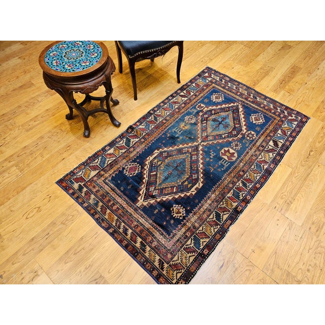 Navy Blue 19th Century Caucasian Kazak Area Rug, Hand-Knotted Wool, Blue & Ivory, 4' x 6' For Sale - Image 8 of 18