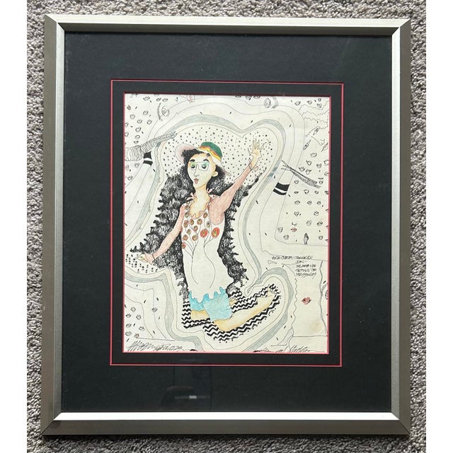 Vintage 1979 abstract figural pen& ink drawing with words and figure. Signed to the lower right and dated to lower left....