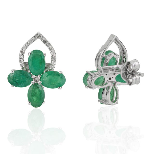 Not Yet Made - Made To Order 4.22 Ct Natural Pear Emerald & Diamond Floral Cluster Stud Earrings in 925 Silver, a Pair For Sale - Image 5 of 12