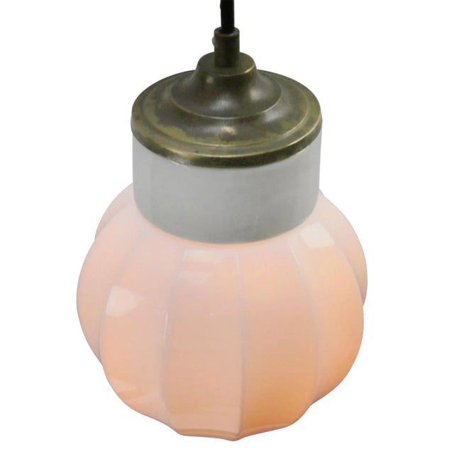 Vintage Industrial White Porcelain & Opaline Glass Brass Pendant Light For Sale - Image 4 of 9