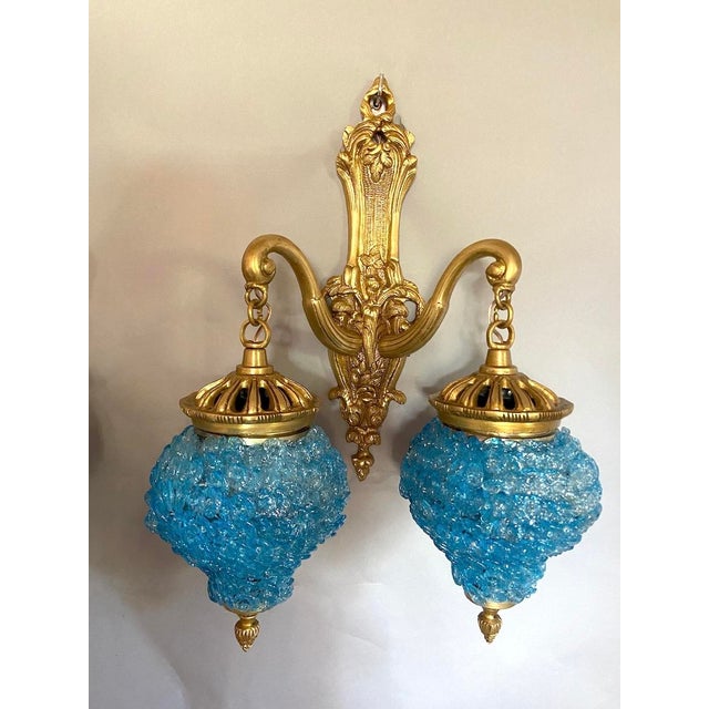 1980 French Louis XVI Bronze Blue Crystal Wall Lamps Sconces - Pair of 2 Pc For Sale - Image 4 of 11