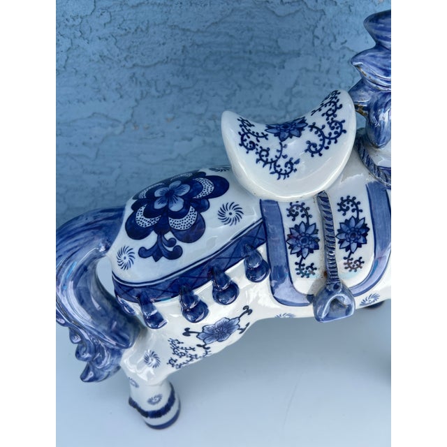 1980s Vintage Blue & White Ceramic Tang Dynasty War Horse For Sale - Image 5 of 12