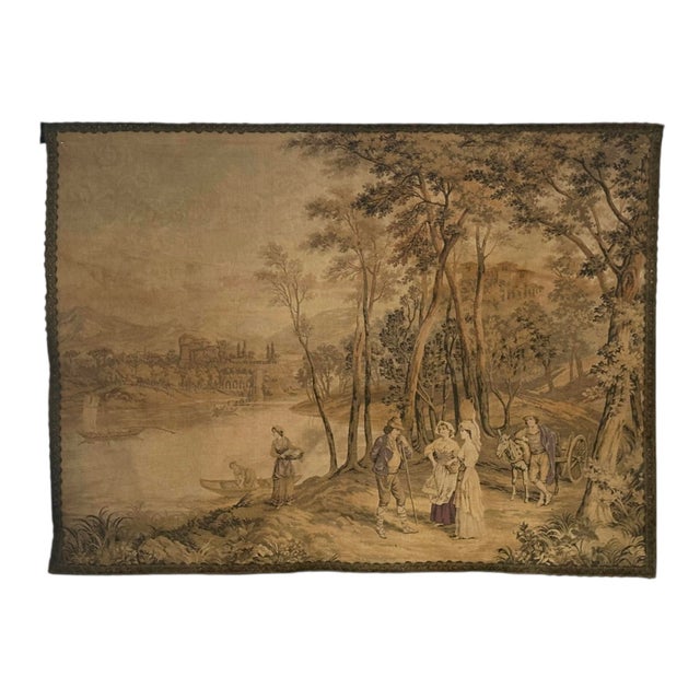 Antique François Boucher Large Wide Country French Tapestry Forest Wagon Boats Castle 1890, Trimmed in Flat Braid For Sale In Orlando - Image 6 of 8