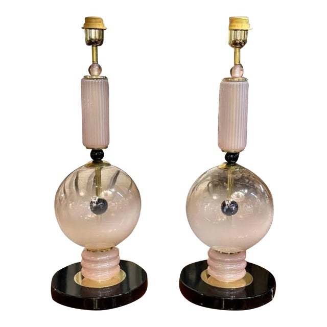 Pair of Modern Pink and Black Murano Glass Lamps For Sale