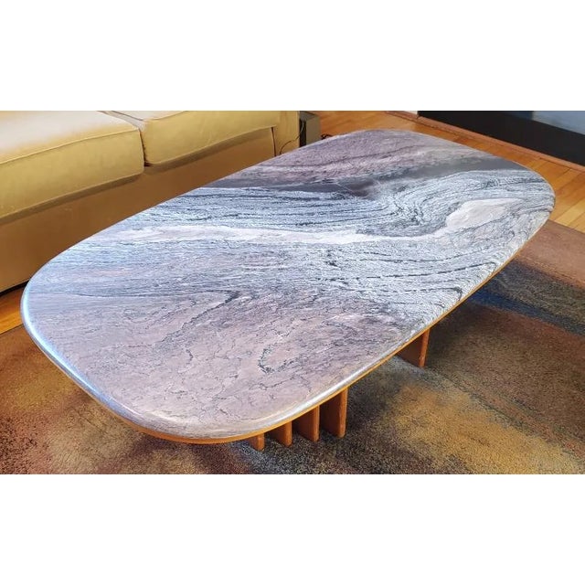 Vintage 1960s Swedish Mid-Century Modern Marble and Teak Coffee Table by Bendixen – Oval Swirl Marble Top With Sculptural Fluted Pedestals For Sale In Baltimore - Image 6 of 10