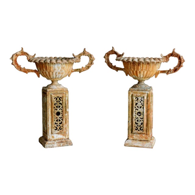 Pair Early 19th Century Iron Urns and Stands For Sale