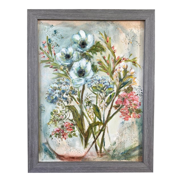Original Painting, Floral Botanical Vintage Style, Poppies, Farmhouse Framed For Sale