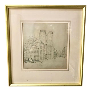 Mid 19th Century "Old Gateway at Ghent" Pen and Watercolor Drawing by Lewis John Wood, Framed For Sale
