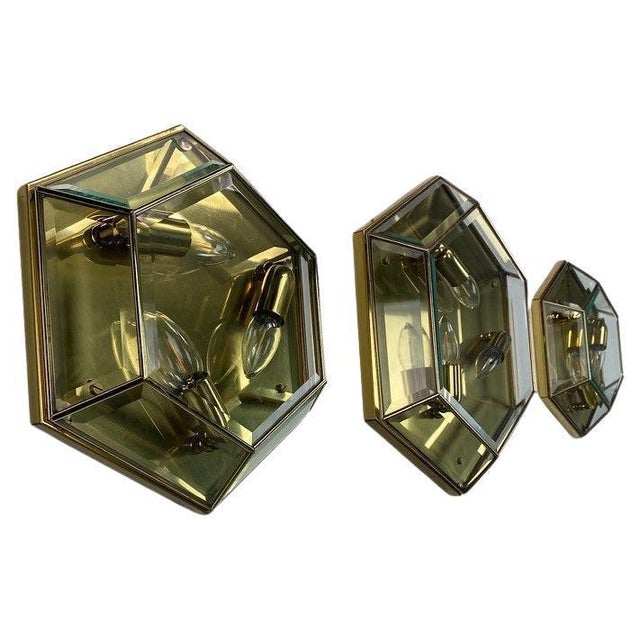 Vintage Hexagonal Facet Cut Glass and Brass Wall or Ceiling Lamps, 1960, Set of 3 For Sale - Image 16 of 16