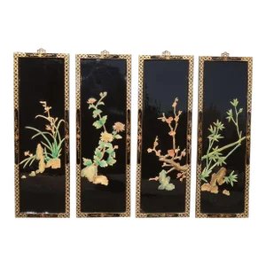 Vintage Oriental Asian Black Mother of Pearl Four Panel Screen Flowers Tree Limb