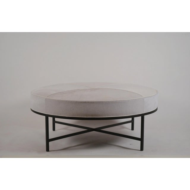 Modern White Hide and Matte Black 'Tambour' Round Ottoman by Design Frères For Sale - Image 3 of 11