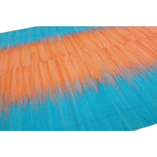Blue Modern Kilim Flatweave Abstract Designed Blue and Orange Wool Rug For Sale - Image 8 of 10