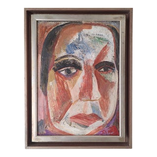 Small 1980s Japanese Oil Painting Expressionist Portrait of a Man For Sale