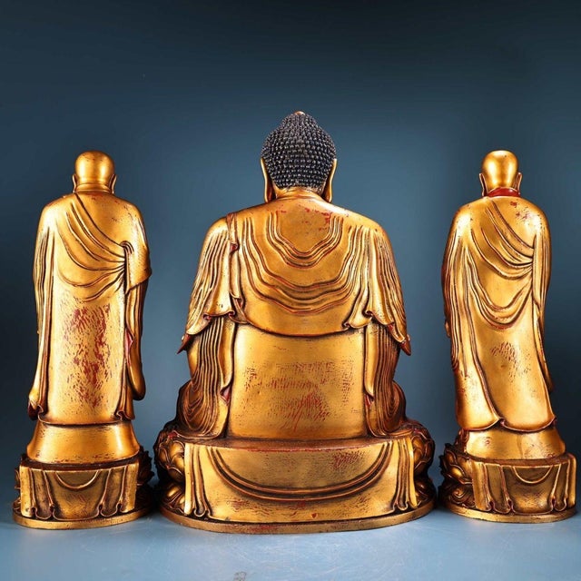 Traditional Late 20th Century Set of 3 Gilt Bronze Figures of Shakyamuni Buddha and Disciples For Sale - Image 3 of 9