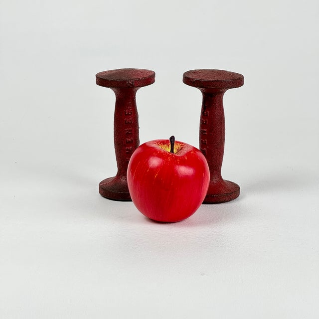 Vintage Pair of Red Cast Iron Dumbbells by Emenee, Mid 20th Century For Sale - Image 4 of 7