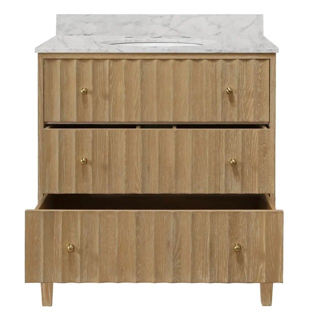 Contemporary Matthew Izzo Home Odin 30.5" Fluted Cerused Oak, Two Drawer, Single Sink Bathroom Vanity - Carrara Marble Top, Porcelain Sink, Brass Hardware For Sale - Image 3 of 6