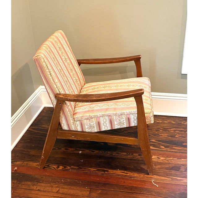 1940s-50s midcentury wood-frame lounge chair w/ pink tapestry style upholstery. Some minor surface wear to wood as shown,...