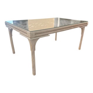Vintage Coastal Regency Woven Rattan Dining Table With Glass Top For Sale