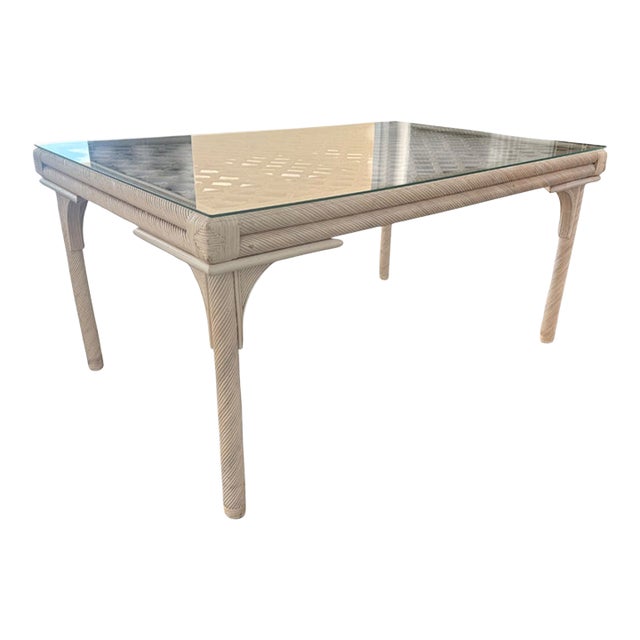 Vintage Coastal Regency Woven Rattan Dining Table With Glass Top For Sale