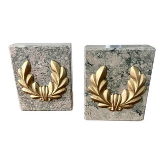 Mid 20th Century Marble Bookends With Gilt Bronze Laurel Wreath Accents-Set of 2 For Sale