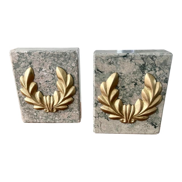Mid 20th Century Marble Bookends With Gilt Bronze Laurel Wreath Accents-Set of 2 For Sale