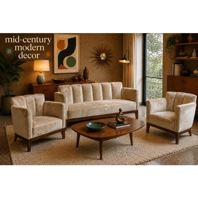 1950s Art Deco Scalloped Velvet Lounge Chairs and Sofa Set For Sale In New York - Image 6 of 11