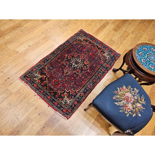 Vintage Persian Bidjar Rug, Hand-Knotted Wool, Geometric Medallion Pattern, Red & Navy, 3x4 For Sale - Image 4 of 16