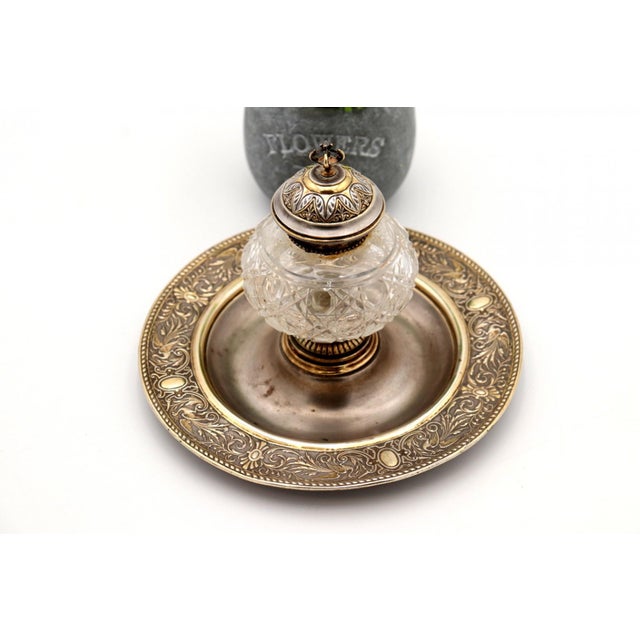 Cut Glass Inkwell with Silver Lid and Knob For Sale - Image 5 of 6