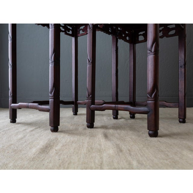 Asian Rosewood Nesting Tables With Carved Faux Bamboo Bird and Flower Fretwork For Sale - Image 17 of 18