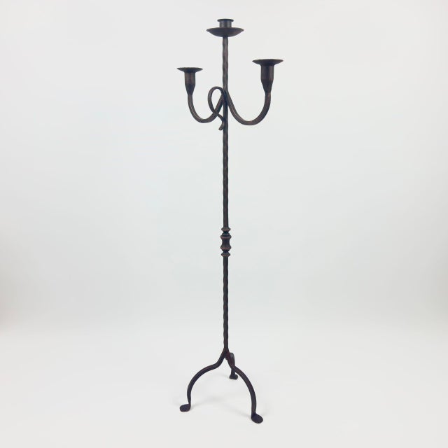 Hand Forged Wrought Iron Floor Candelabra 48″ (123cm) 3-Arm Candle Holder Antique Copper or Gold Patina Choice Rustic Wedding Decor For Sale - Image 9 of 9