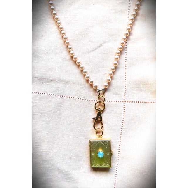 Vintage Four Photo Etched Locket, Pink Pearl Chain, Faceted Pacific Opal Stone, Lobster Claw For Sale - Image 11 of 12