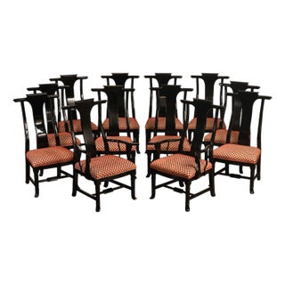 12 Custom Black Lacquered Asian Inspired Dining Chairs For Sale