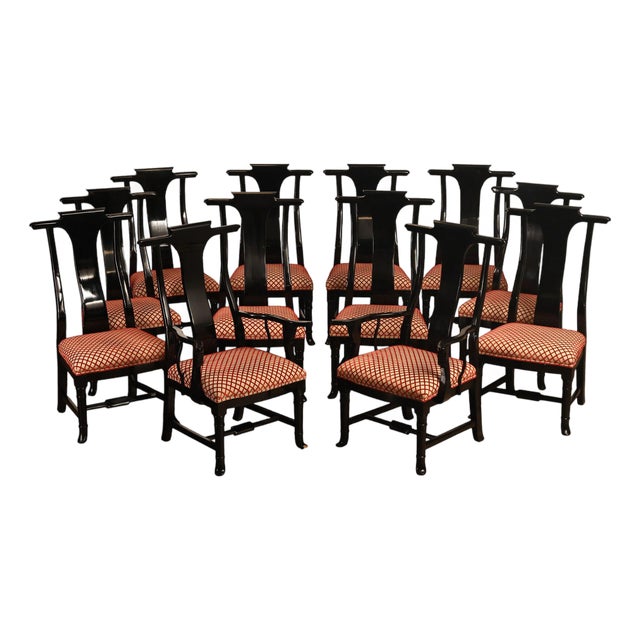 12 Custom Black Lacquered Asian Inspired Dining Chairs For Sale