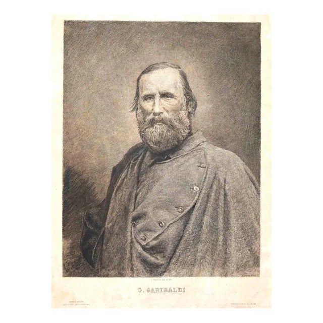 Celestino Turletti, Portrait of Giuseppe Garibaldi, Original Lithograph, 19th Century For Sale