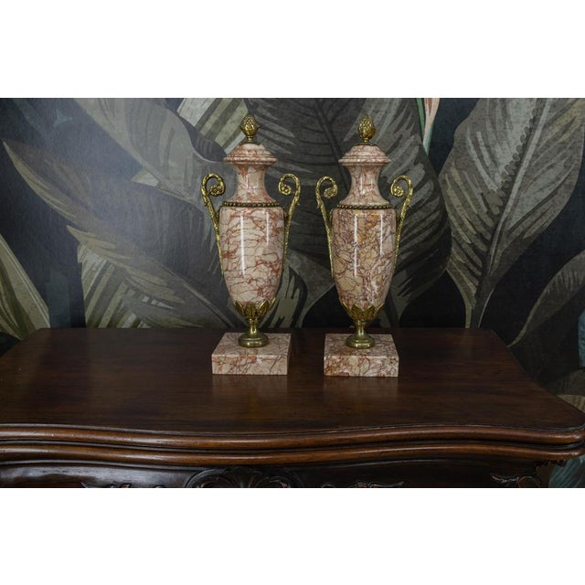 Cream Neo-Classical French Pink Marble Urns with Bronze Mounts, 1920s, Set of 2 For Sale - Image 8 of 18