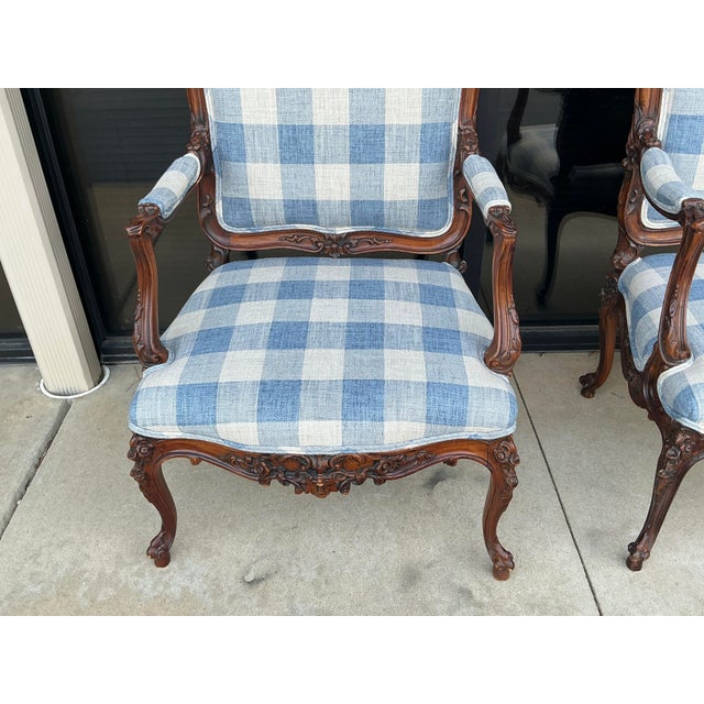 Blue Antique French Louis XV Style Walnut Bergere Chairs in Blue & White - Pair For Sale - Image 8 of 13