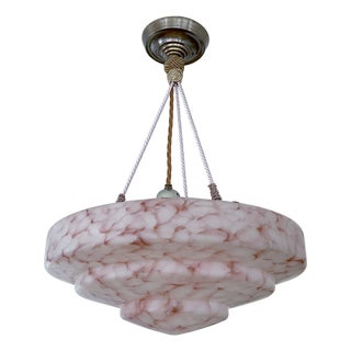 Art Deco Pendant Light in Pink and White Marble Glass, 1930s For Sale