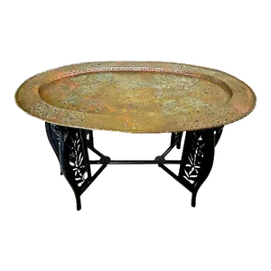 Vintage Japanese, Hand-Pierced and Engraved Brass Tray Table, Black Lacquered Folding Stand