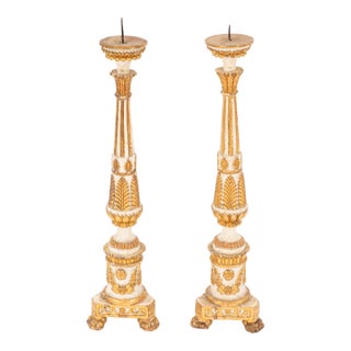 Pair of 18th Century Italian Painted and Parcel-Gilt Wood Pricket Candlesticks For Sale