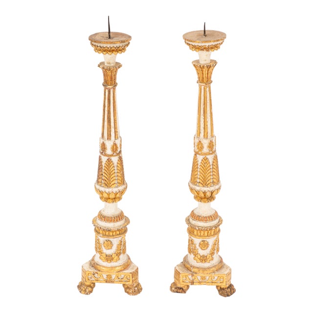 Pair of 18th Century Italian Painted and Parcel-Gilt Wood Pricket Candlesticks For Sale