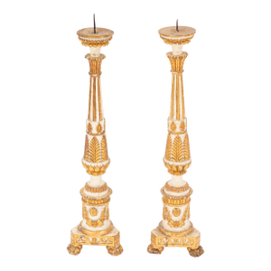 Pair of 18th Century Italian Painted and Parcel-Gilt Wood Pricket Candlesticks