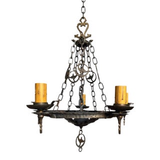 Antique Virden Tudor Iron Chandelier With Dogs and Hammered Designs For Sale