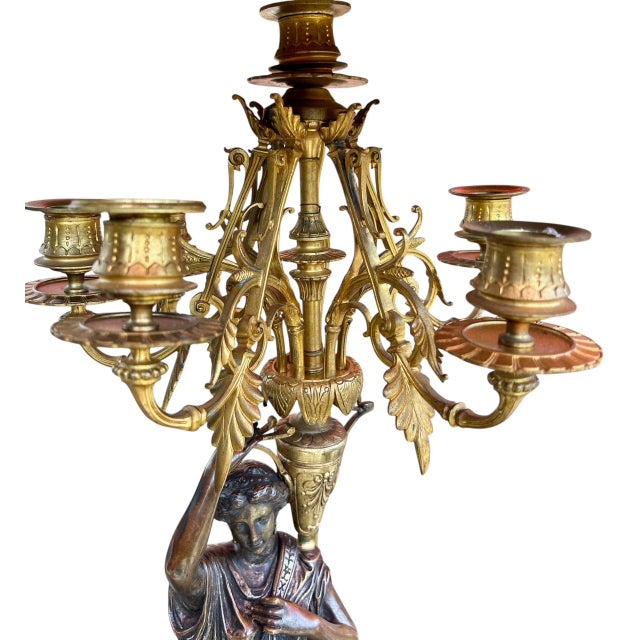 Metal Pair French Neoclassical Bronze, Dor'e Bronze & Belgique Noir Candelabra, Now Electrified, Ca. 1870 For Sale - Image 7 of 14