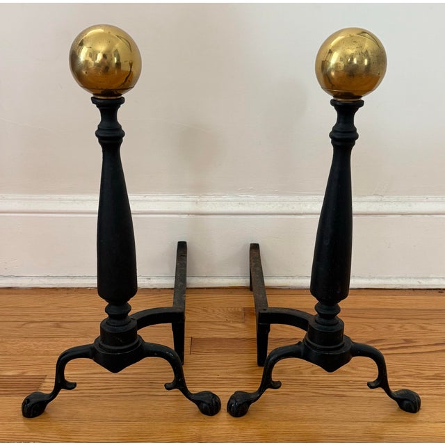 Vintage American Midcentury Cast-Iron and Brass Cannonball Andirons For Sale - Image 10 of 10