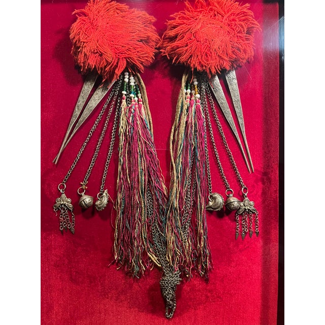 RARE Vintage Yao Ethnic Woman’s Hair Pins Ornament Hoa Binh area, North Vietnam Aprox. dimensions od shadow box: 18"H x...