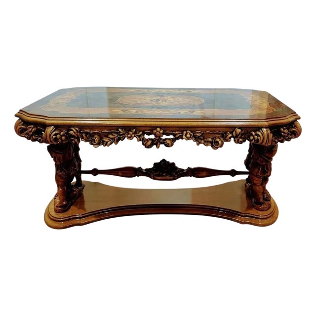 Antique Italian Baroque Style Coffee Table Hand Carved Whit Inlay For Sale